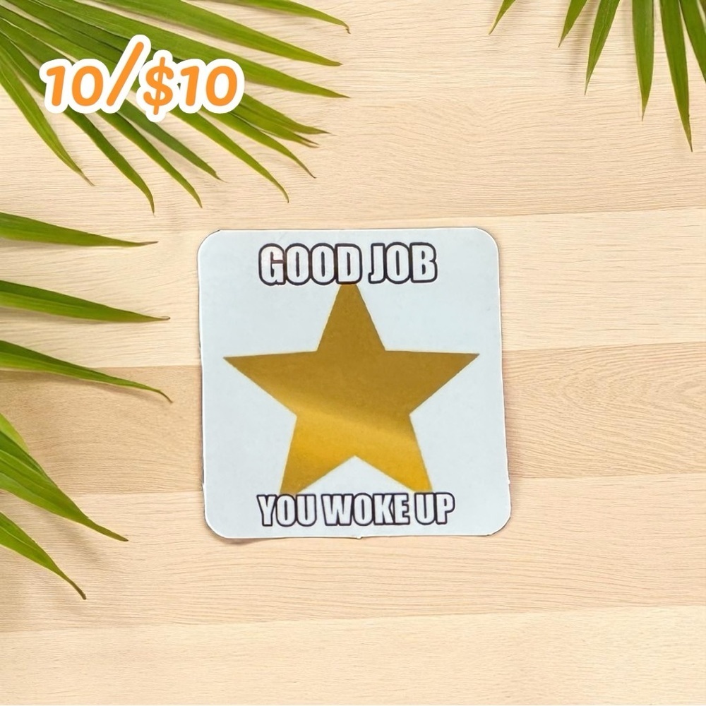 Funny Gold Star Meme Sticker – “Good Job You Woke Up” – Approximately 2 1/2”